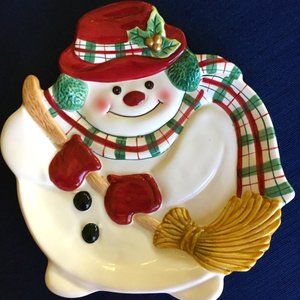 Fitz & Floyd Snowman "Plaid Christmas" Canape Dish